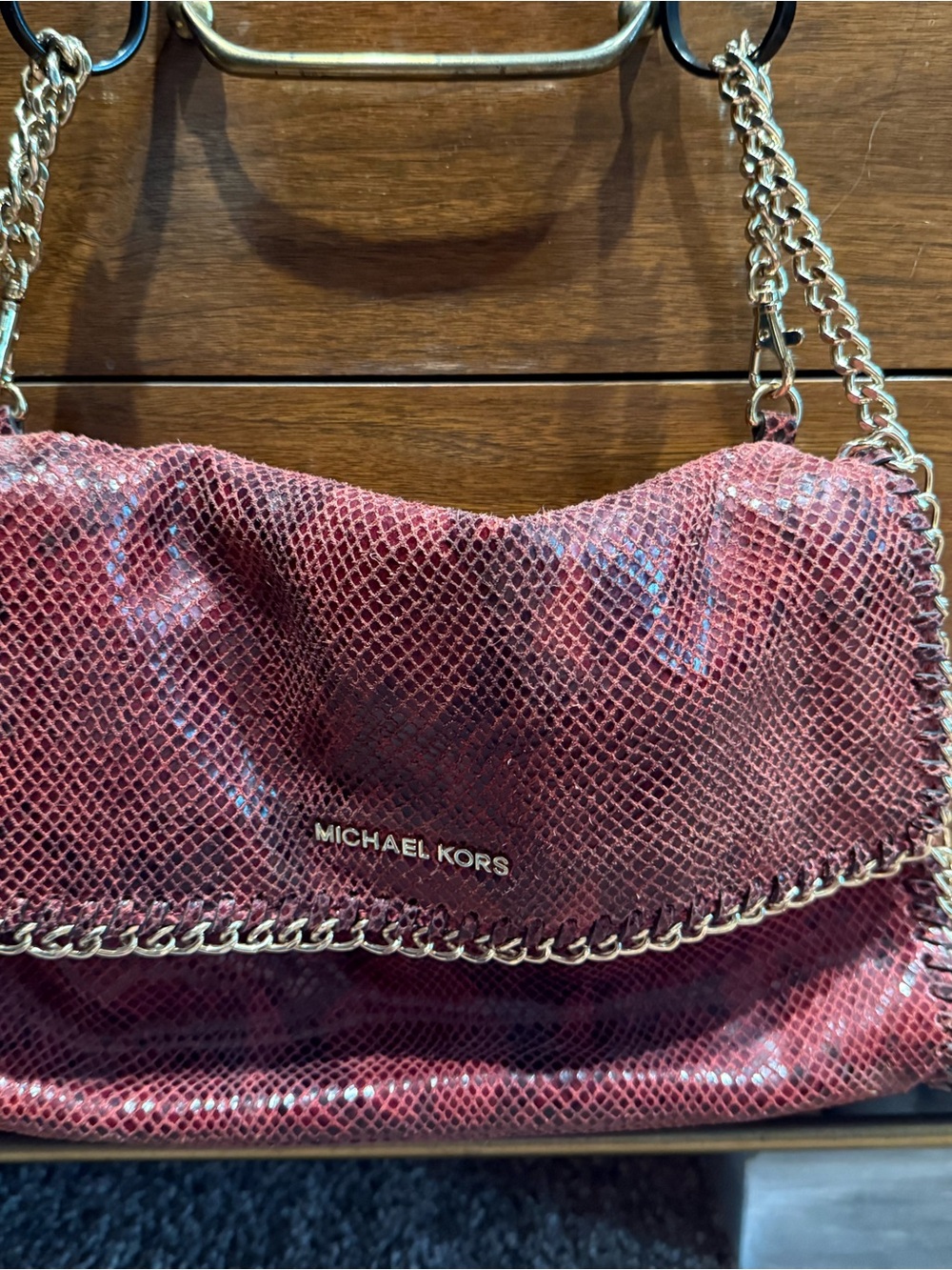 Michael Kors Red Snake-Embossed Clutch with Gold Chain Trim